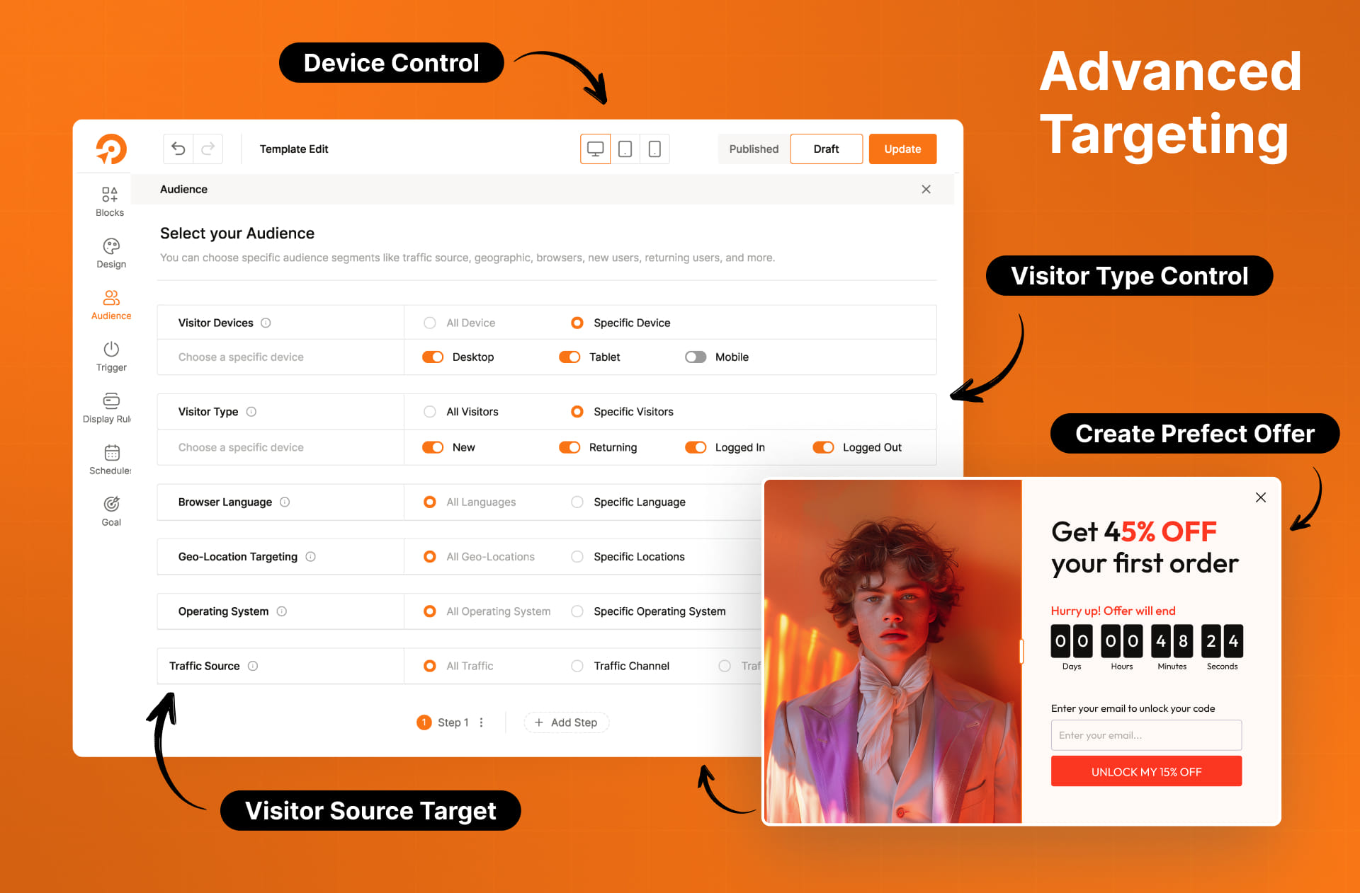 WowOptin targeting interface with visitor, device, location, language, operating system, and traffic-source controls