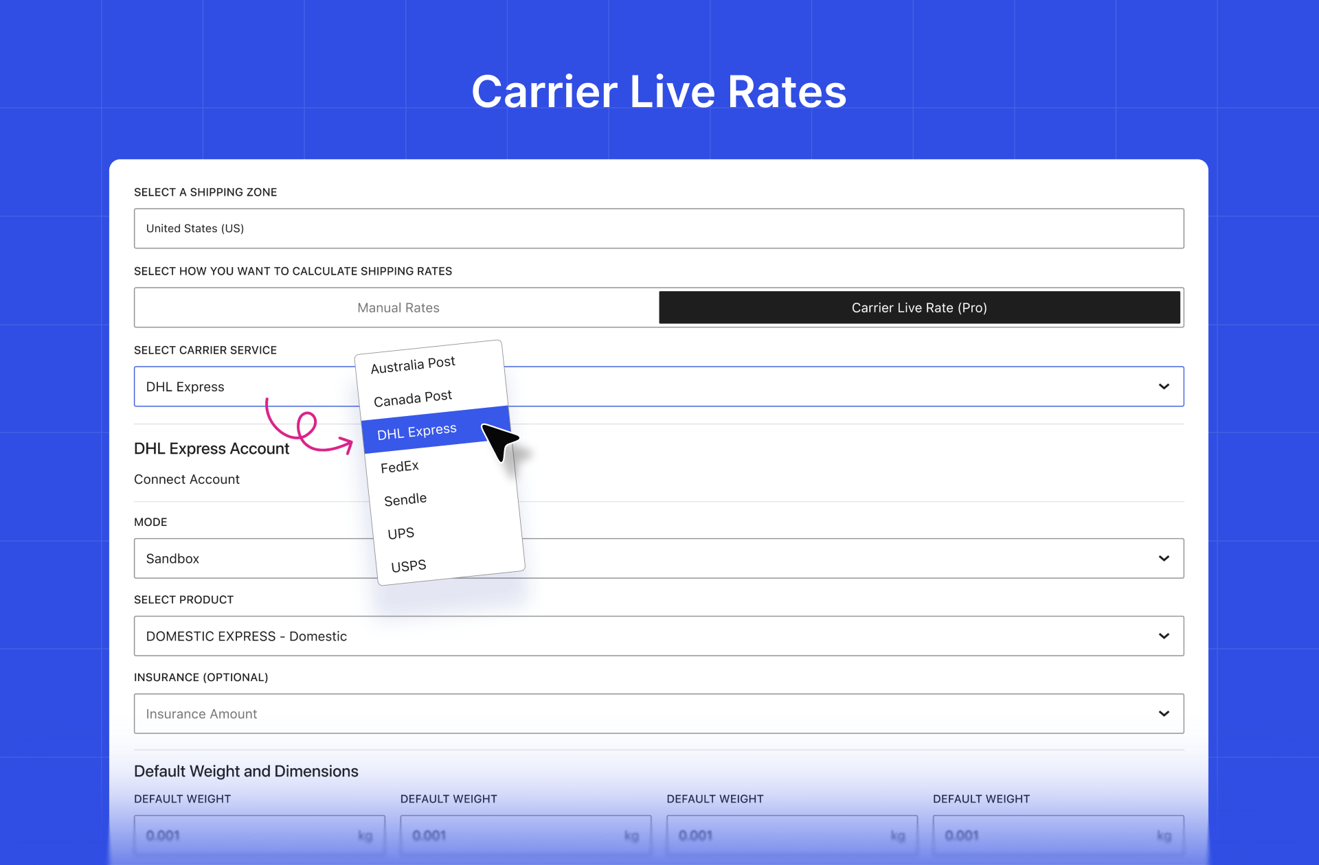 WowShipping live carrier rate settings with carrier selection, package details, markup, and fallback controls