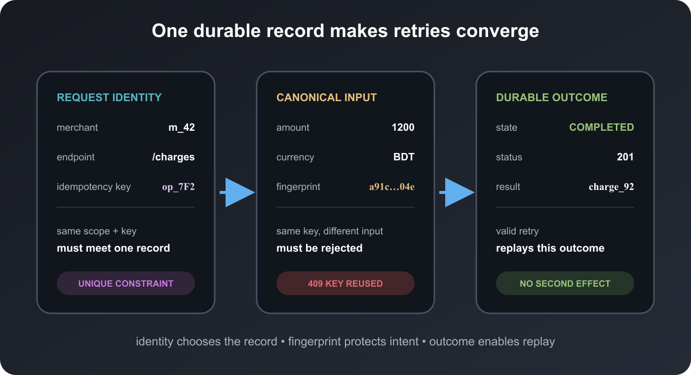 Three-part idempotency record model showing scoped request identity, canonical input fingerprint, and a durable replayable outcome