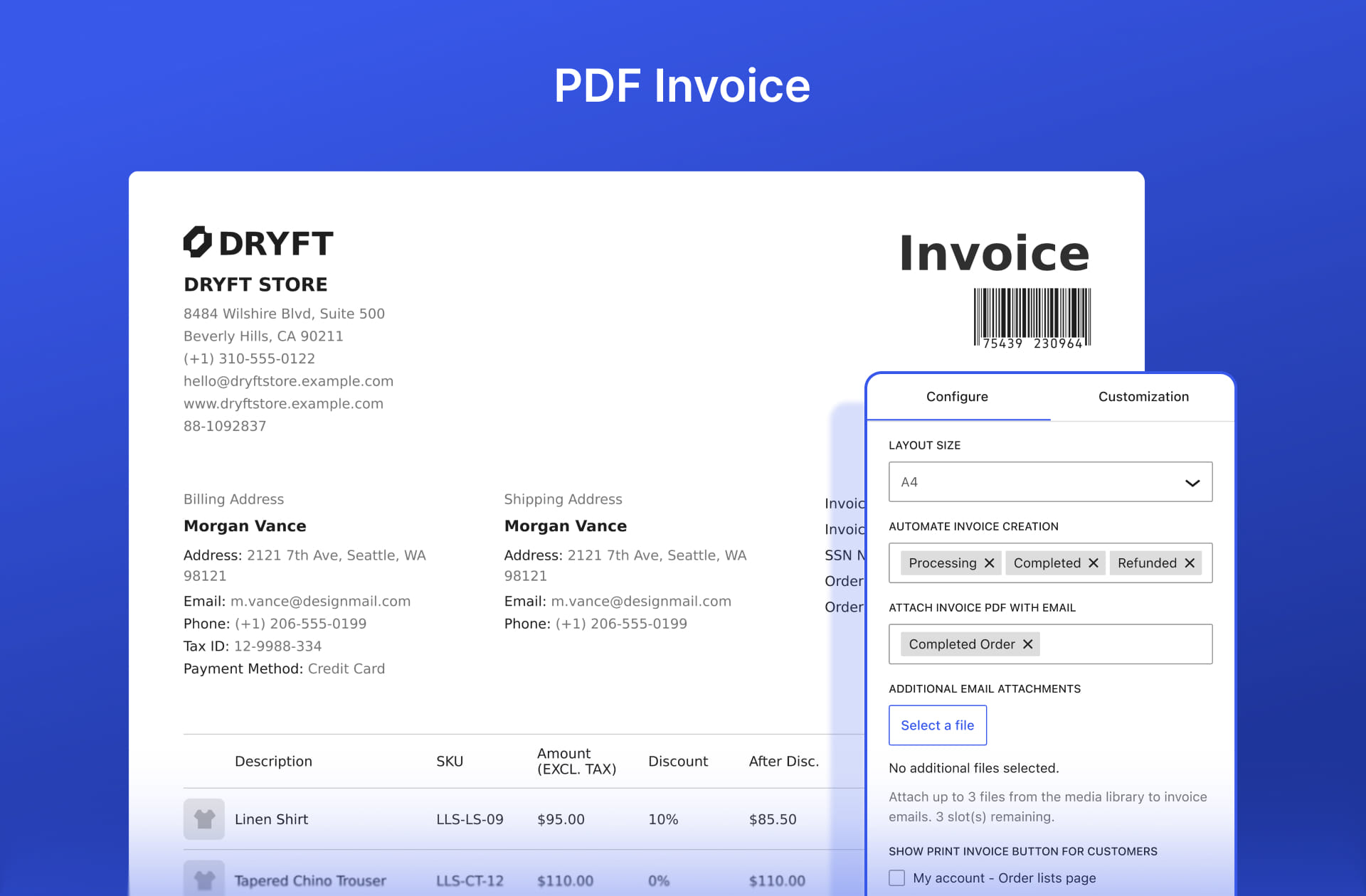 WowInvoice PDF invoice preview with settings for layout, automatic generation, email attachment, and customer downloads
