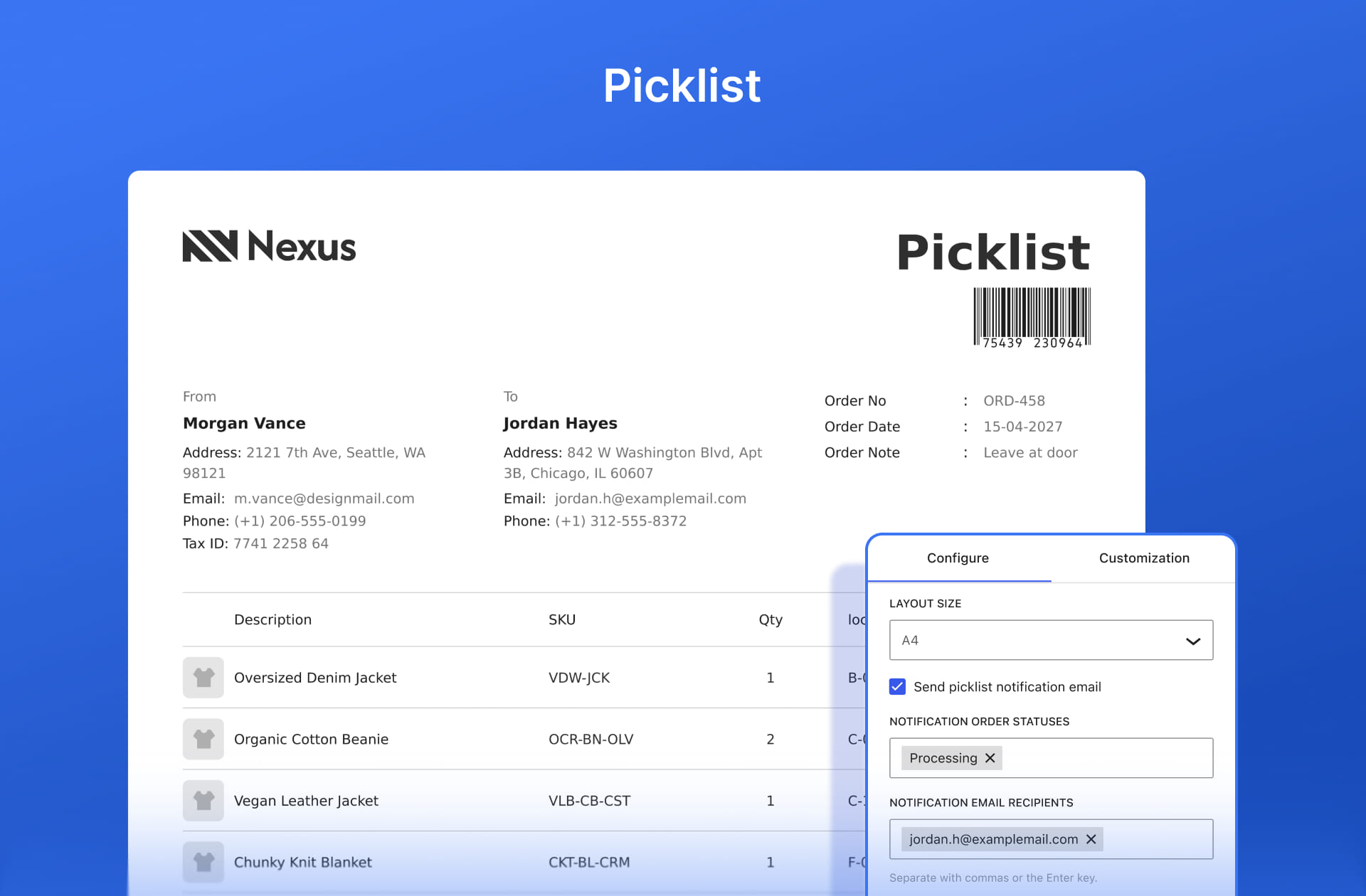 WowInvoice picklist preview with product rows and controls for layout, notification email, and recipients