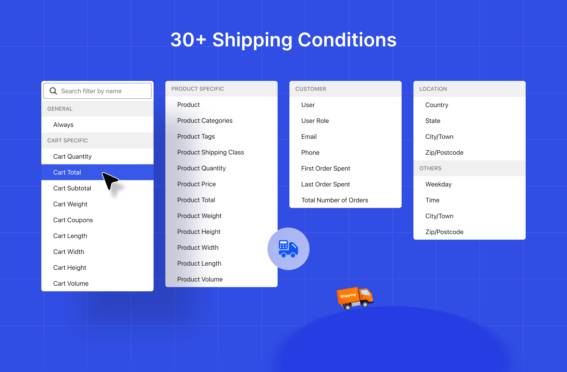 WowShipping interface listing cart, product, customer, location, and time-based shipping conditions