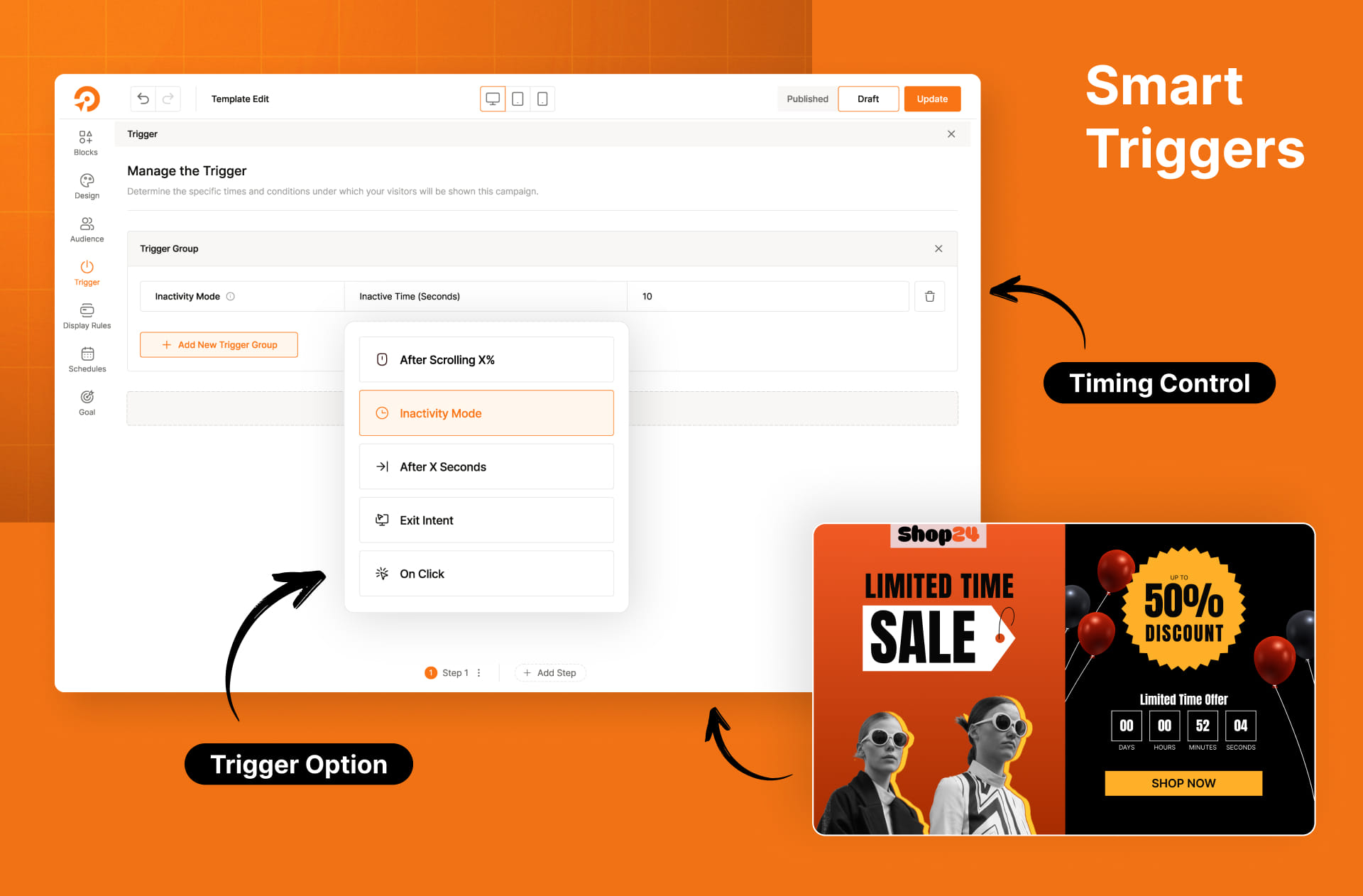 WowOptin trigger settings showing time, scroll, inactivity, exit intent, click, and hover controls