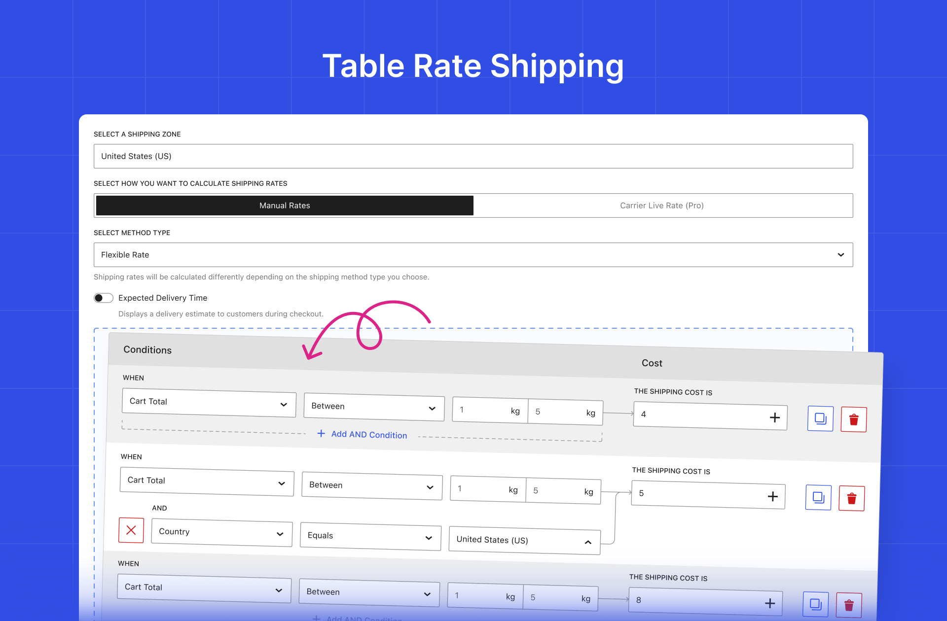 WowShipping table rate editor with multiple condition rows and shipping costs